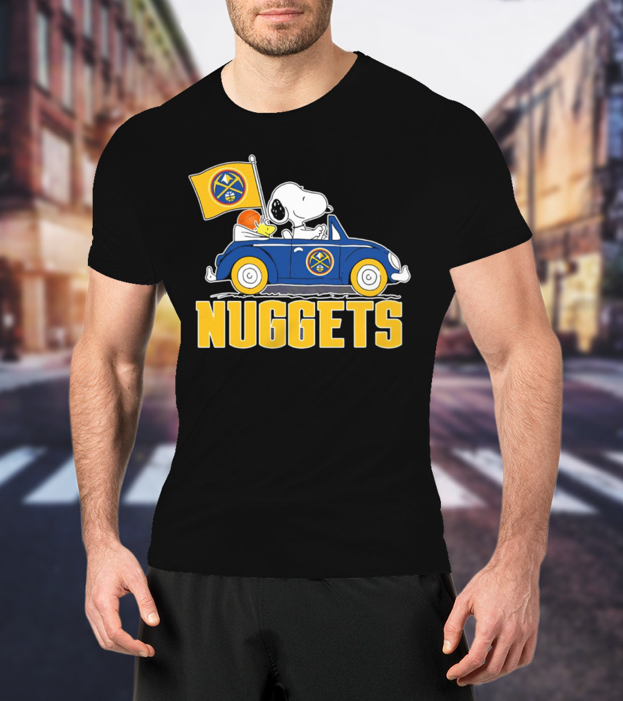 Denver Nuggets Snoopy Driving Car With Basketball Flag T-Shirt