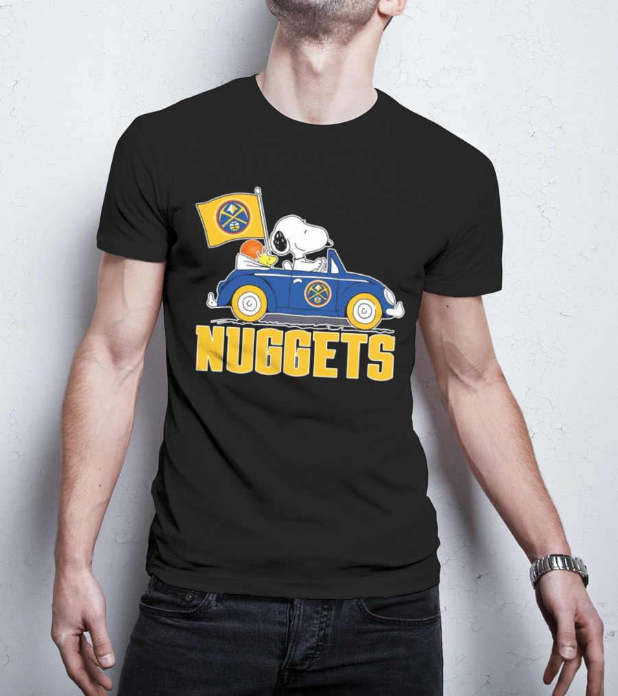 Denver Nuggets Snoopy Driving Car With Basketball Flag T-Shirt