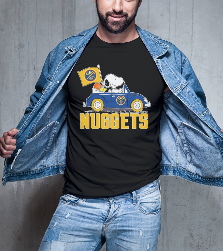 Denver Nuggets Snoopy Driving Car With Basketball Flag T-Shirt