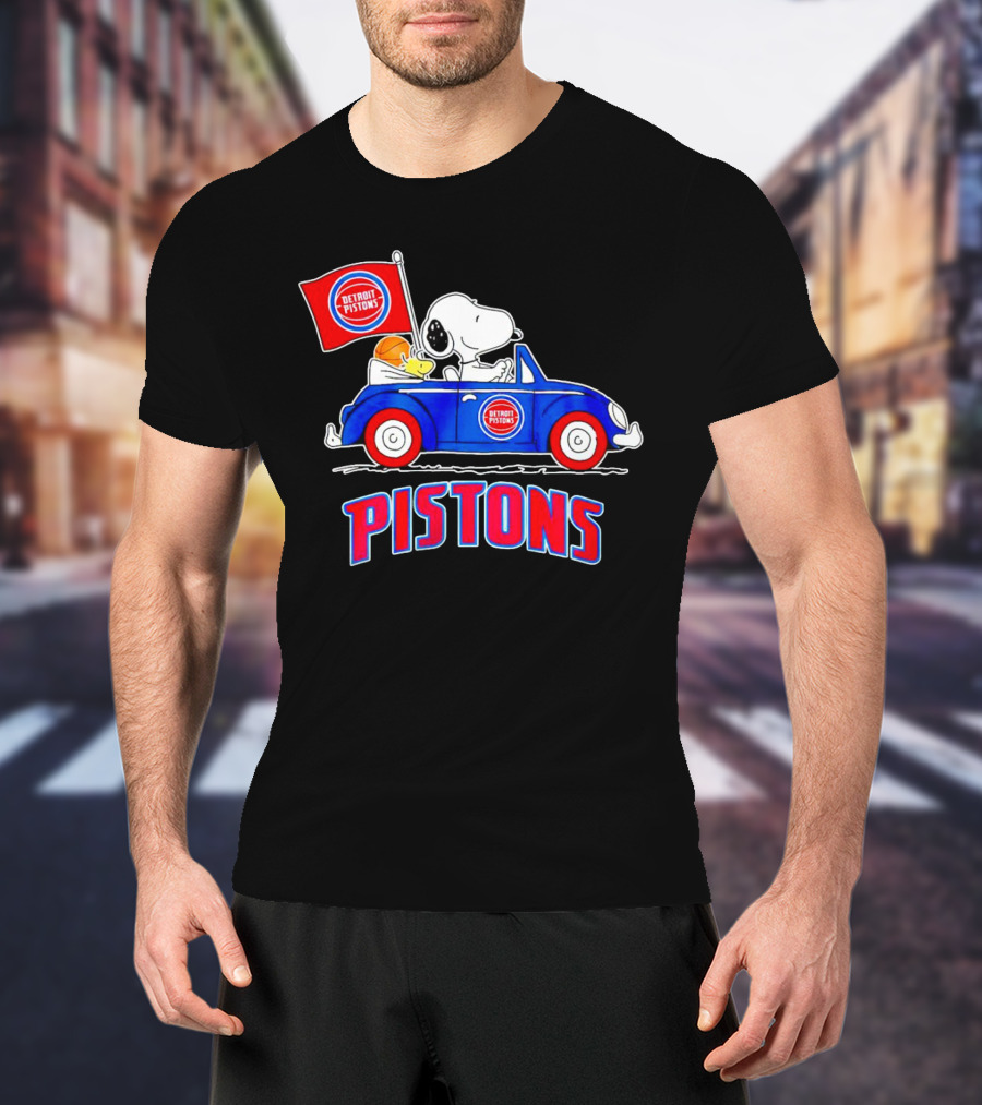 Detroit Pistons Basketball Snoopy Driving Car With Flag T-Shirt