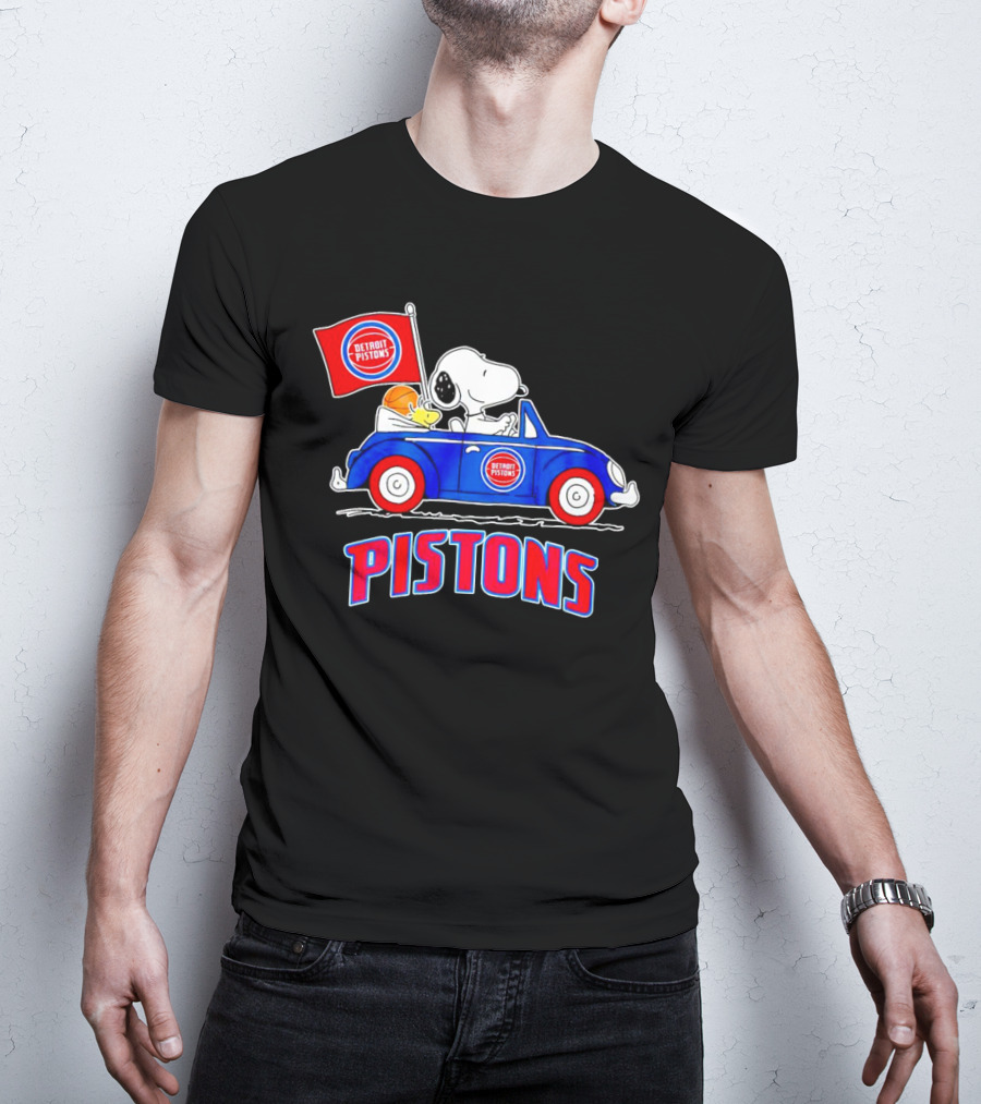 Detroit Pistons Basketball Snoopy Driving Car With Flag T-Shirt