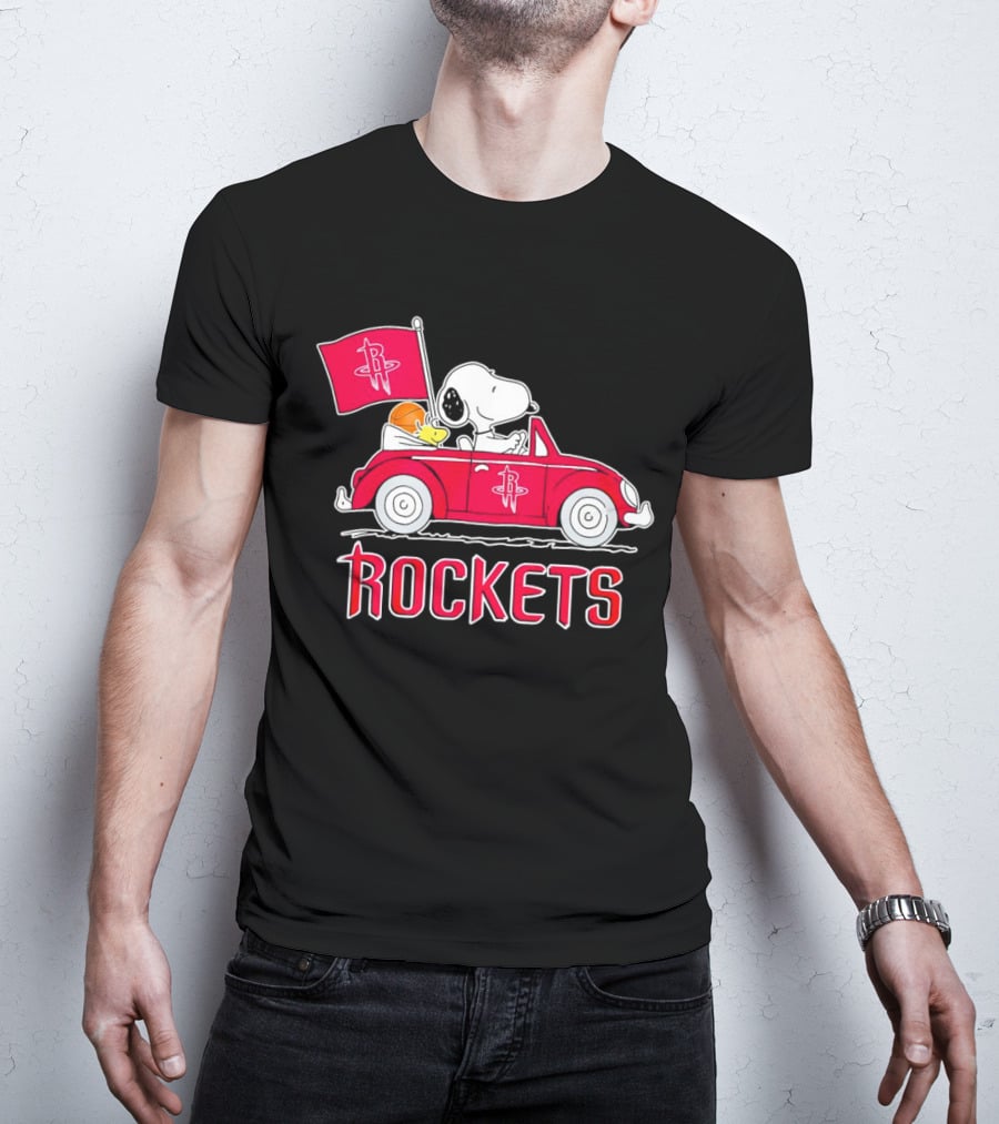 Rockets Snoopy Driving Red Car With Basketball Flag T-Shirt