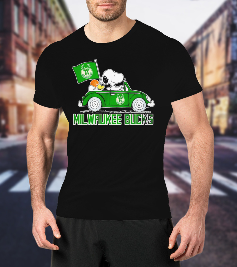 Milwaukee Bucks Snoopy Driving Car With Basketball And Team Flag T-Shirt
