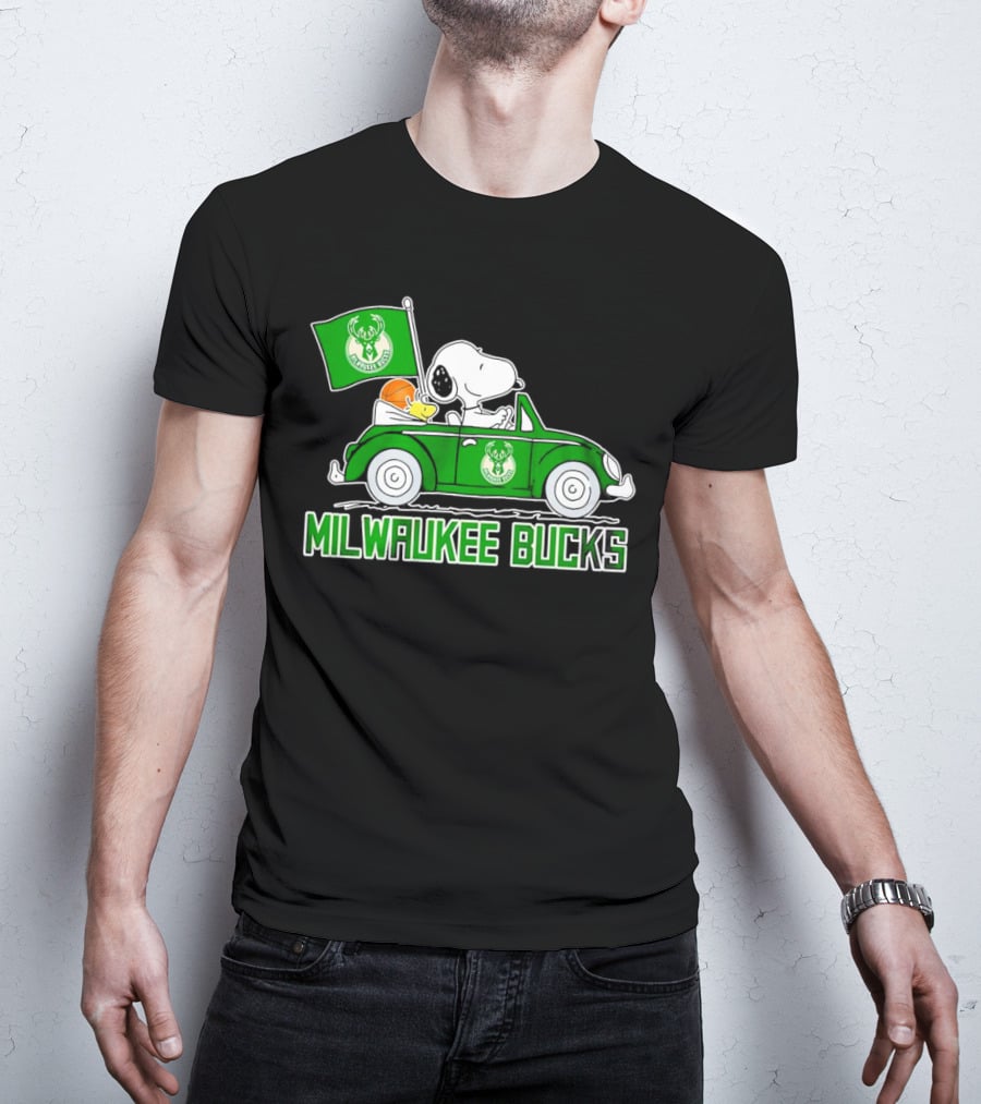 Milwaukee Bucks Snoopy Driving Car With Basketball And Team Flag T-Shirt