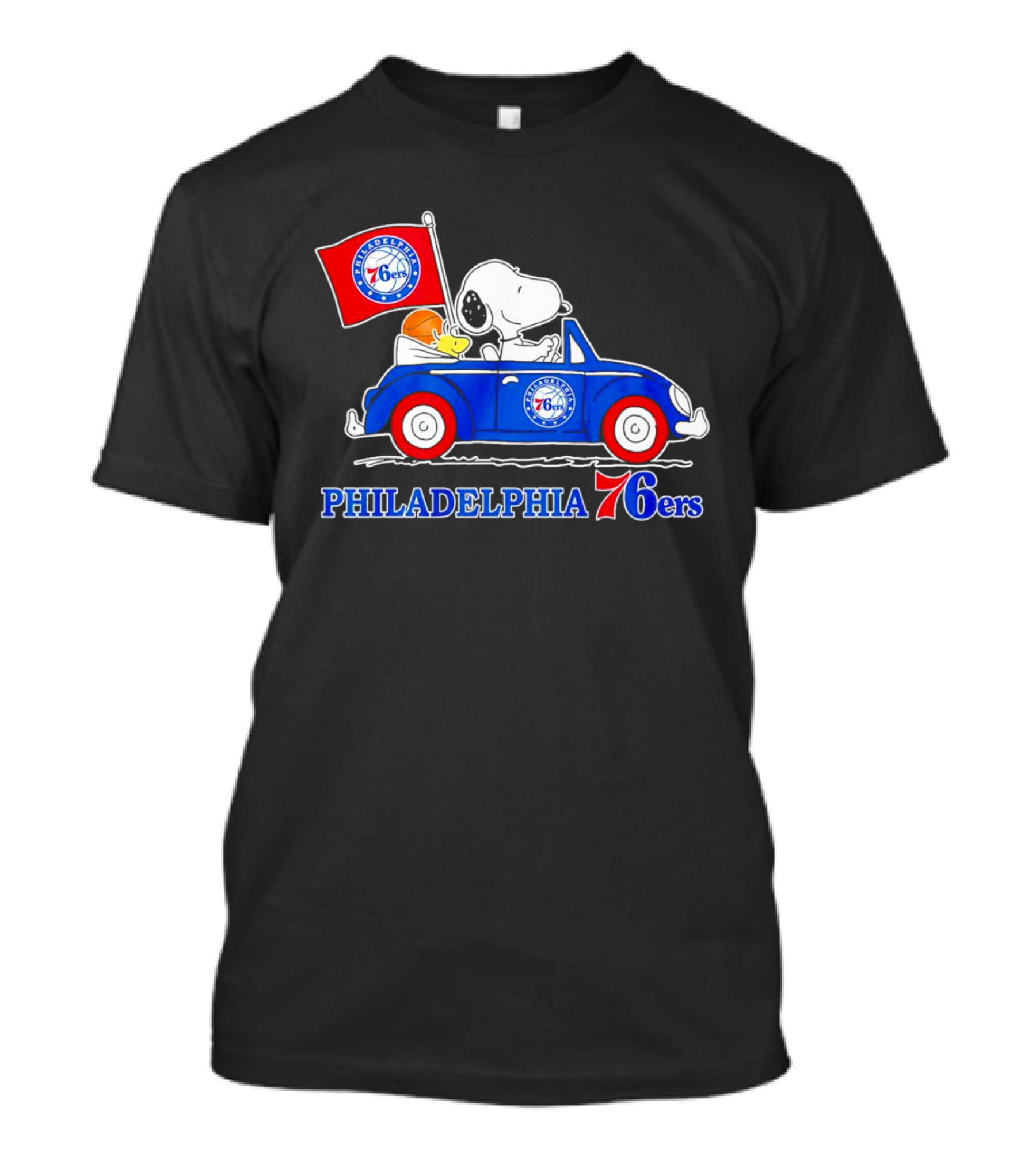 Philadelphia 76ers Snoopy Driving Car With Basketball And Flag T-Shirt