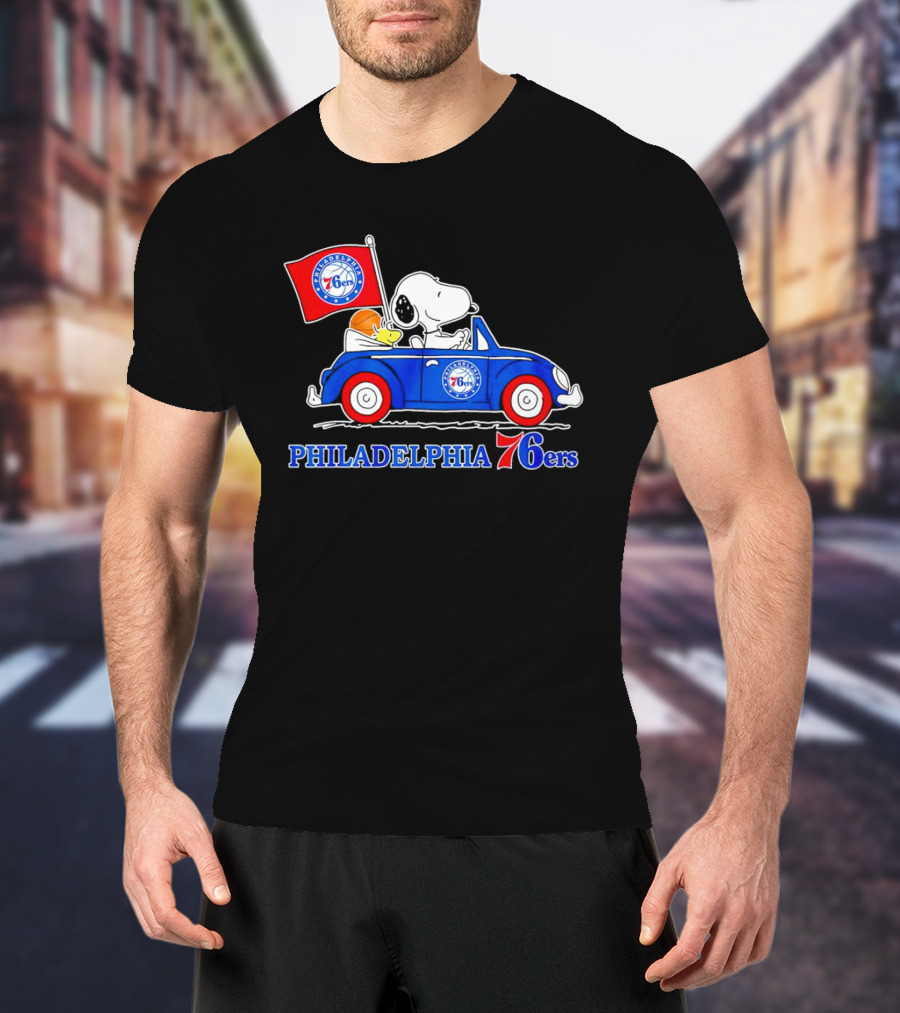Philadelphia 76ers Snoopy Driving Car With Basketball And Flag T-Shirt