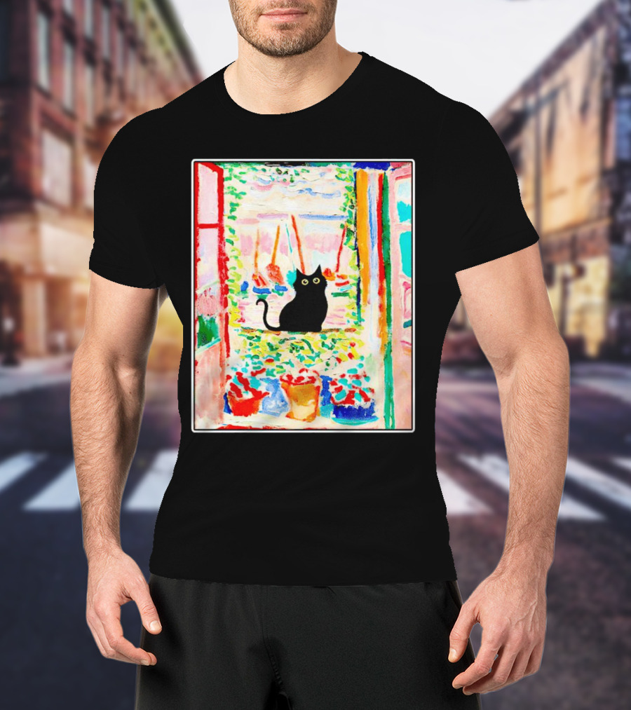 Black Cat In Vibrant Open Window Scene With Colorful T-Shirt