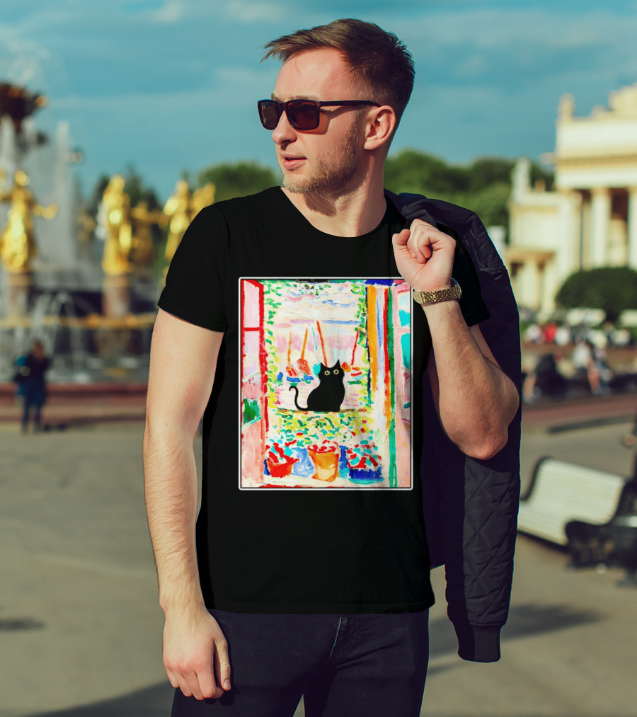 Black Cat In Vibrant Open Window Scene With Colorful T-Shirt