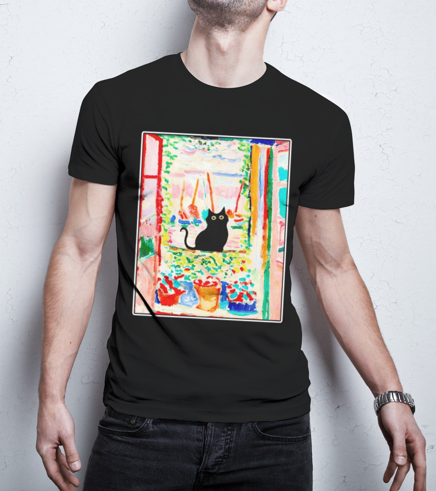 Black Cat In Vibrant Open Window Scene With Colorful T-Shirt