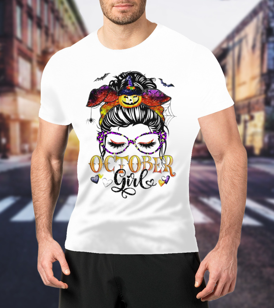 Messy Bun Pumpkin Witch Hat Spider Bats Glasses October Girl Halloween T-Shirt