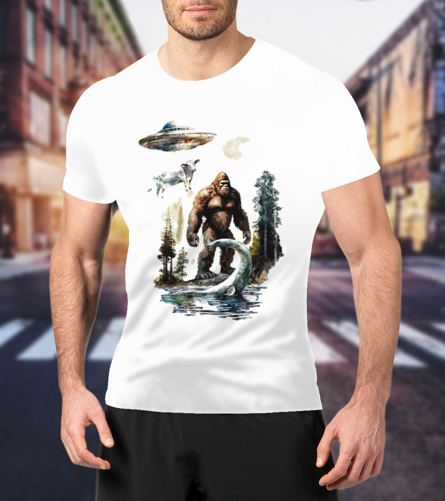 UFO Bigfoot Sasquatch Loch Ness Monster Alien Forest Scene T-Shirt