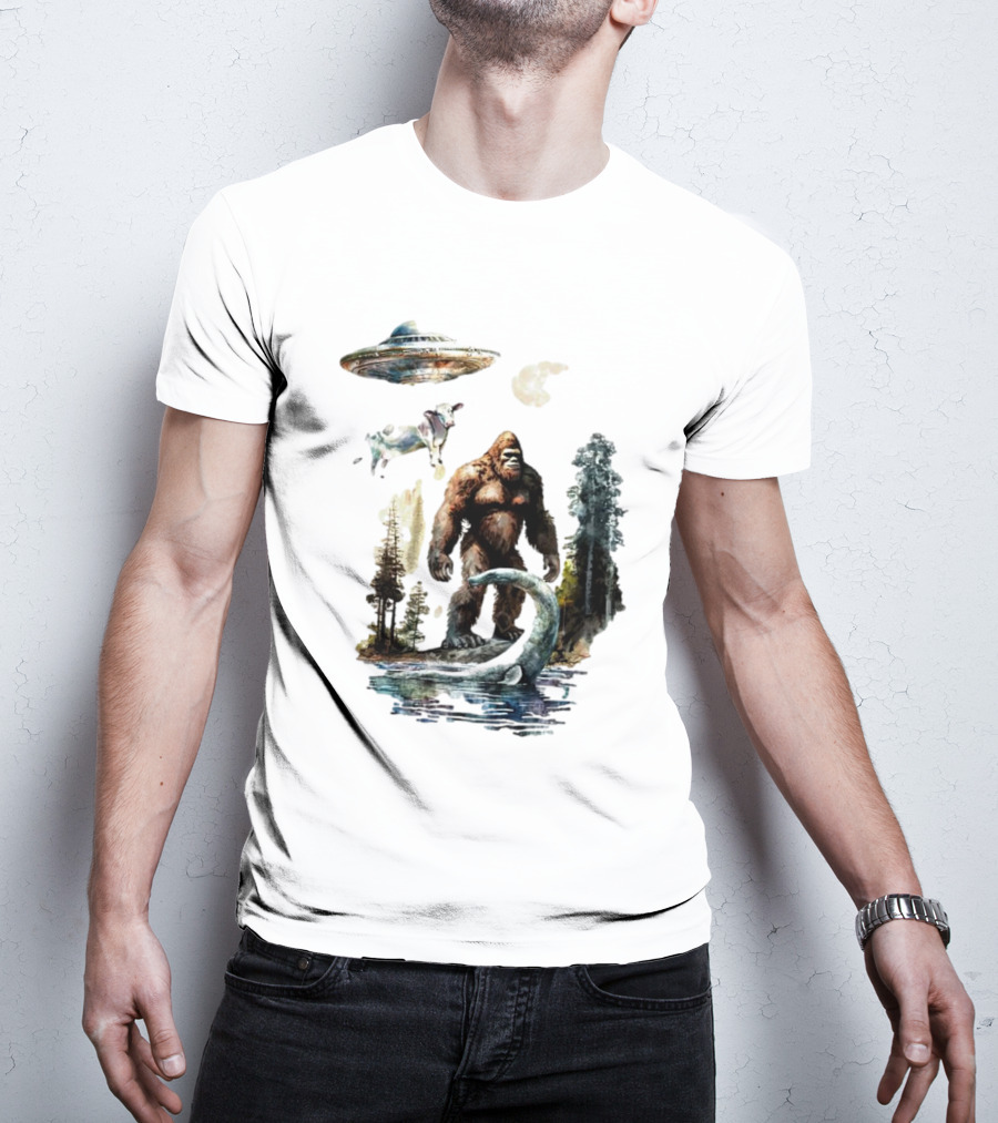 UFO Bigfoot Sasquatch Loch Ness Monster Alien Forest Scene T-Shirt