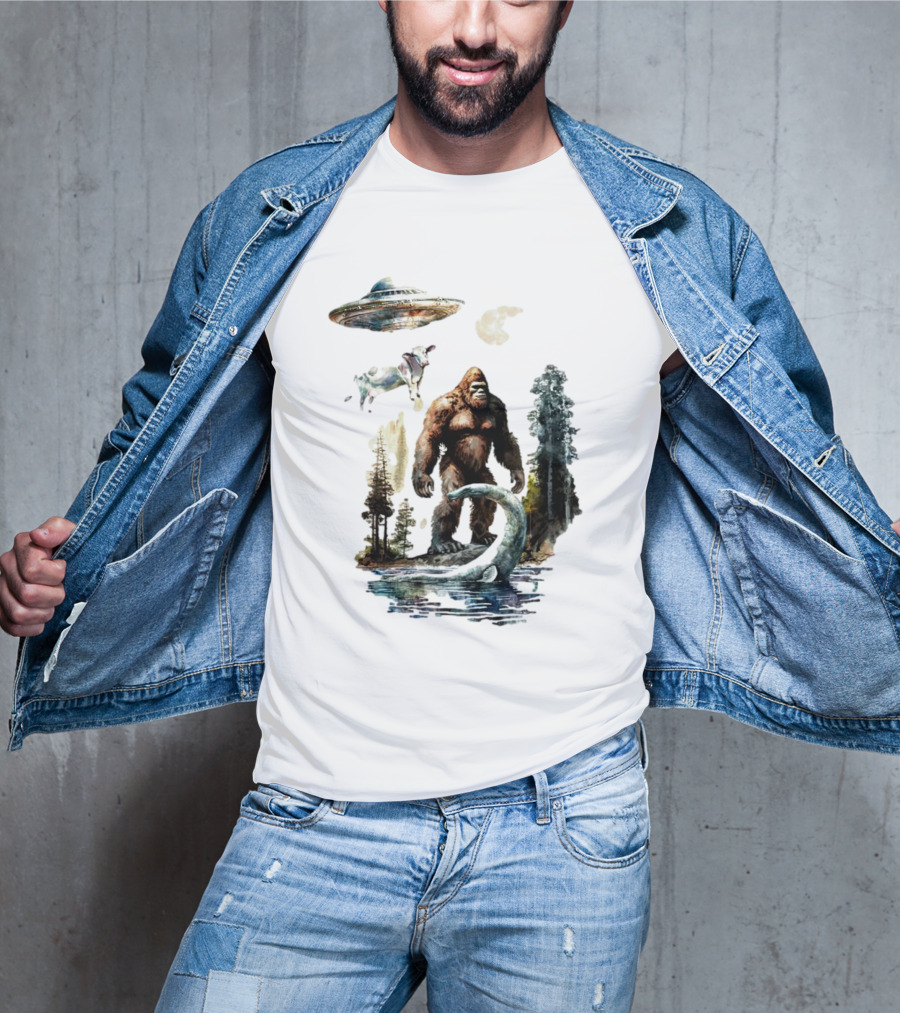UFO Bigfoot Sasquatch Loch Ness Monster Alien Forest Scene T-Shirt
