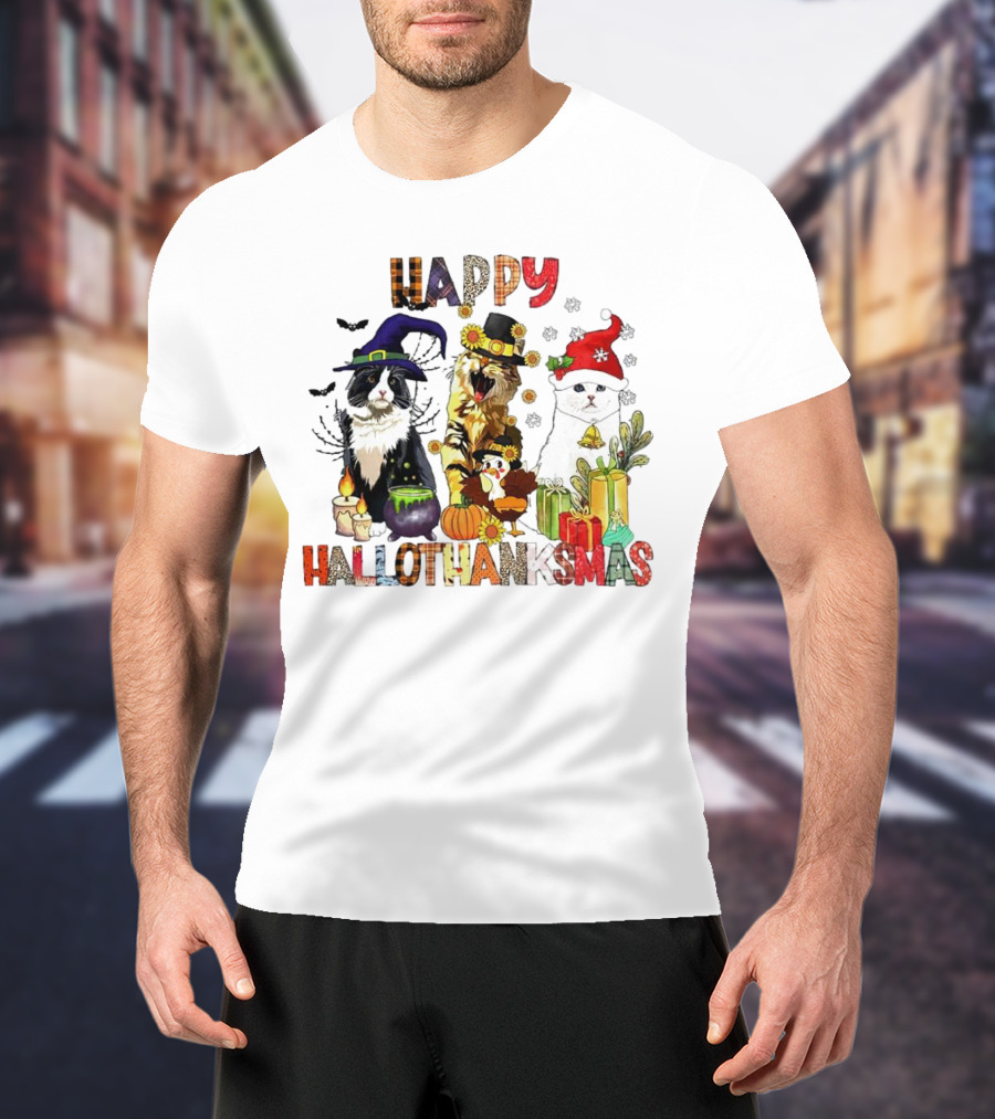 Happy Hallothanksmas Cats In Witch, Pilgrim, And Santa Hats With Pumpkins Presents And Cauldron T-Shirt