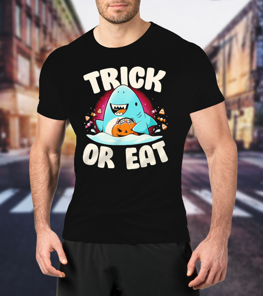Trick Or Eat Shark Halloween Pumpkin Candy T-Shirt