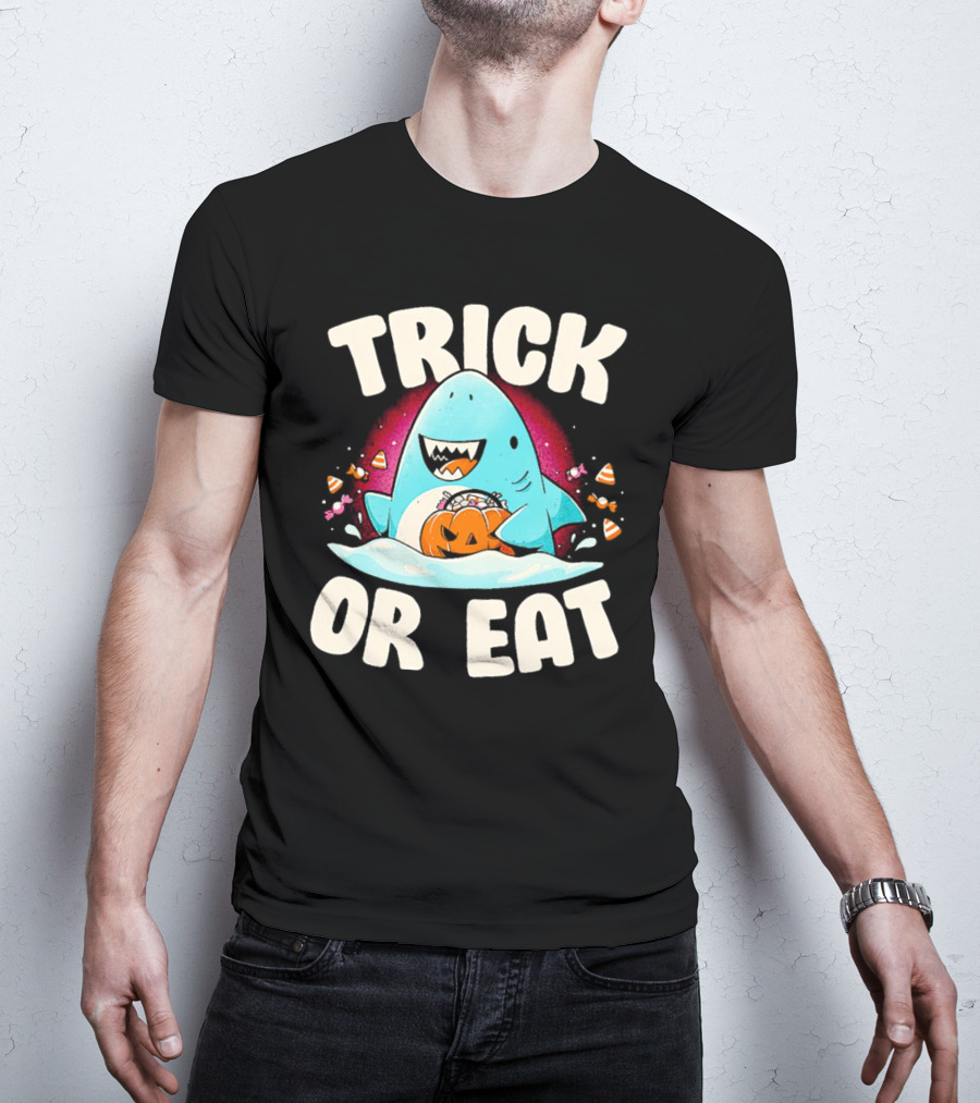 Trick Or Eat Shark Halloween Pumpkin Candy T-Shirt