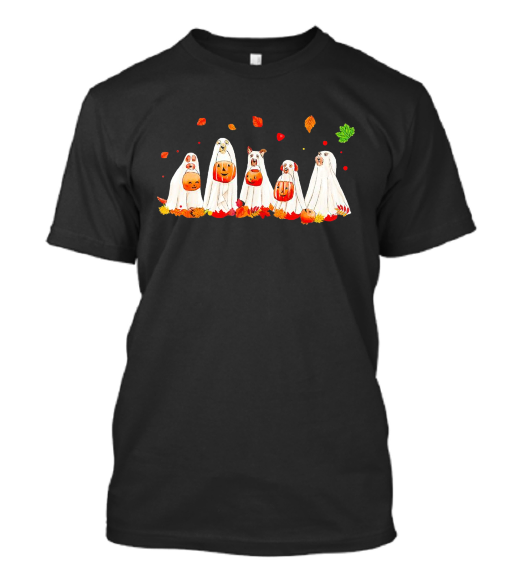 Ghost Dogs Halloween Pumpkin Party With Autumn Leaves T-Shirt