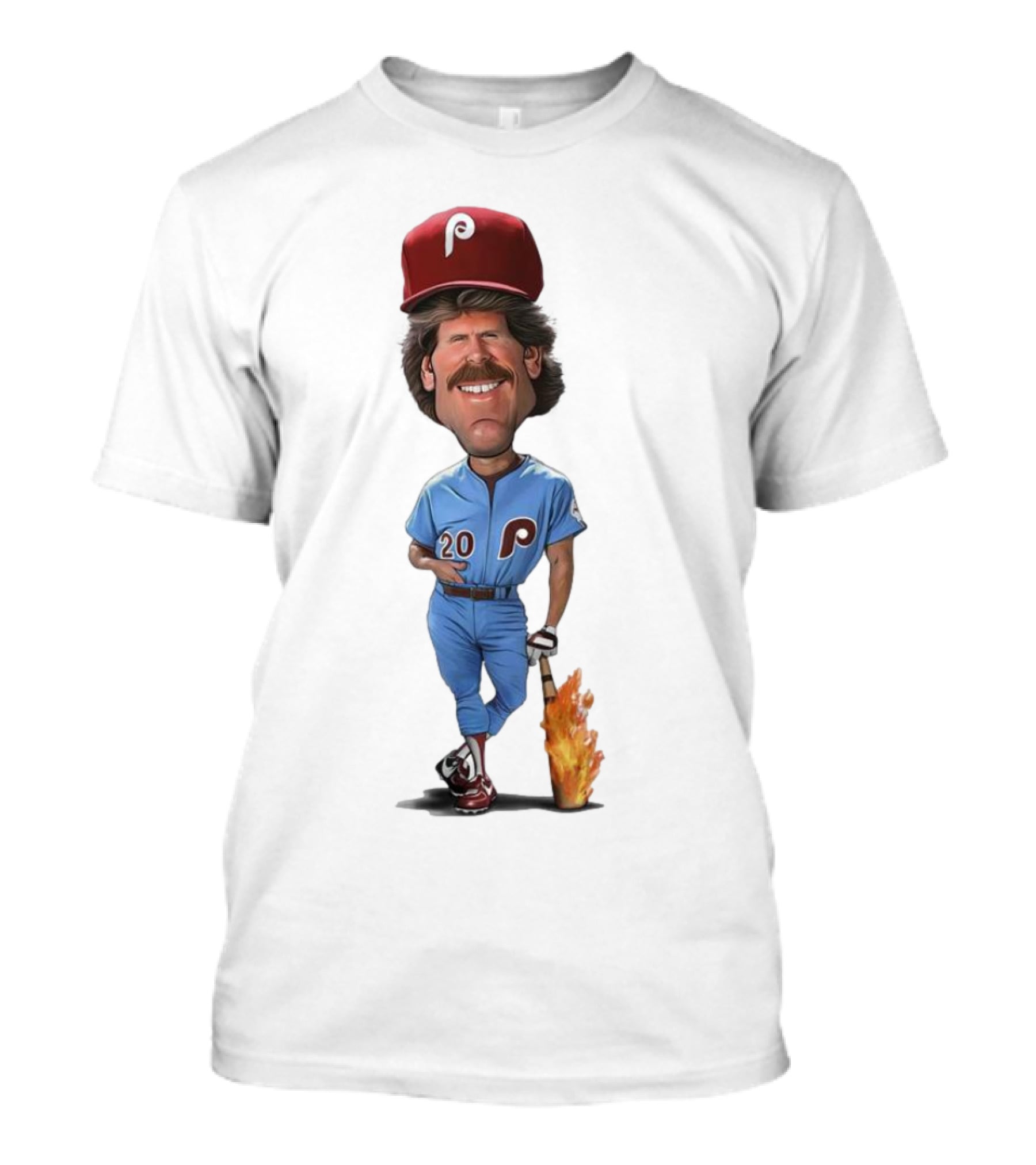 Mike Schmidt Number 20 Philadelphia Phillies Caricature With Flaming Bat T-Shirt