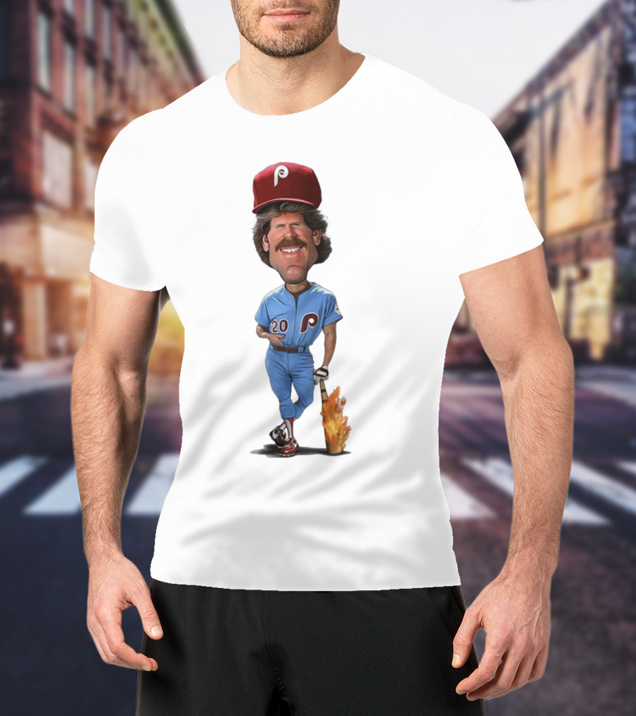 Mike Schmidt Number 20 Philadelphia Phillies Caricature With Flaming Bat T-Shirt