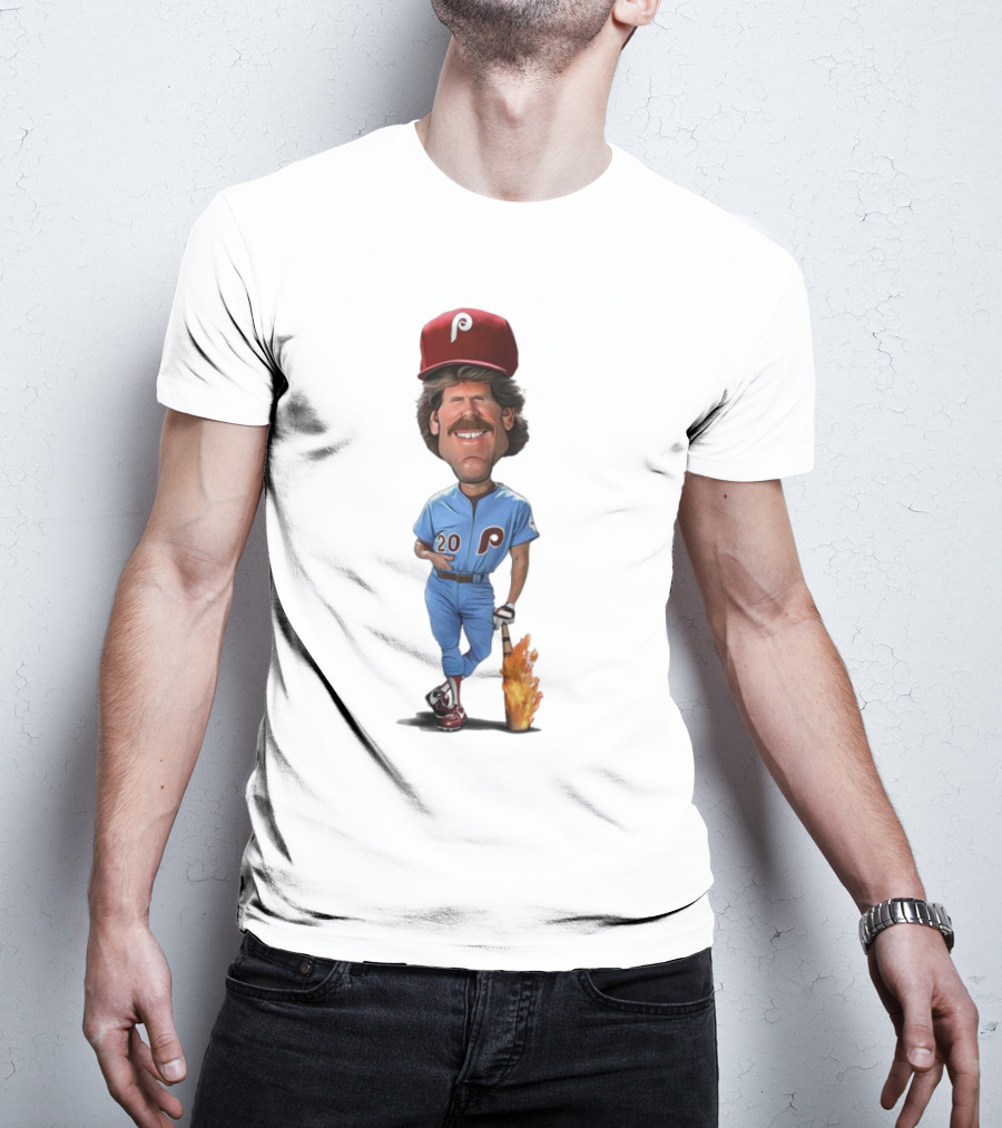 Mike Schmidt Number 20 Philadelphia Phillies Caricature With Flaming Bat T-Shirt