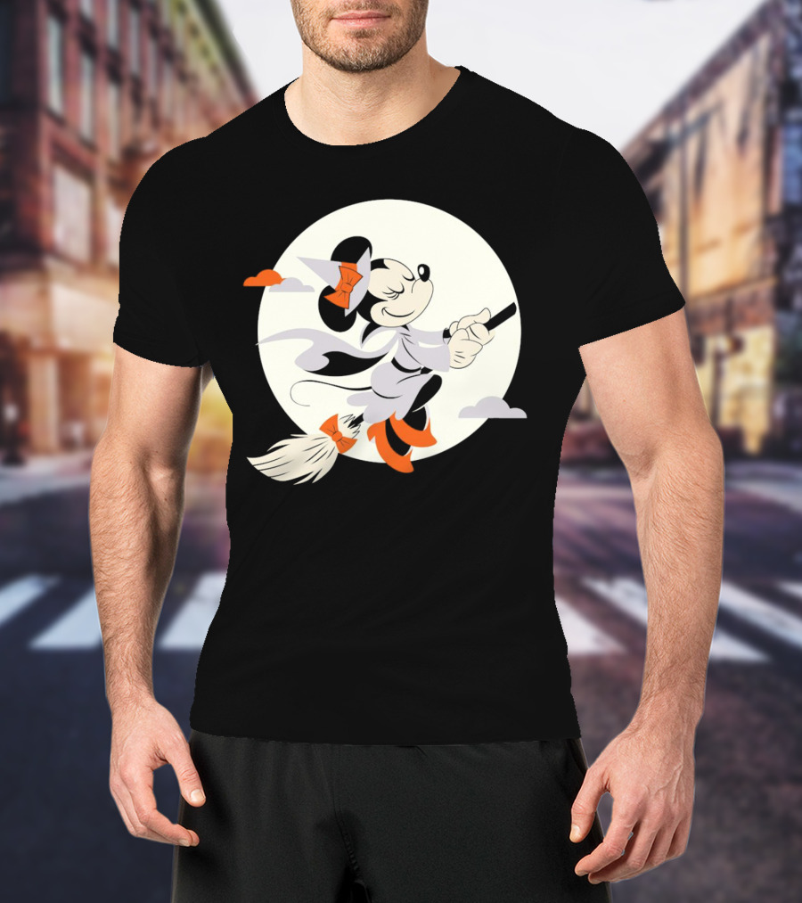 Minnie Mouse Witch Flying On Broomstick Halloween Full Moon T-Shirt