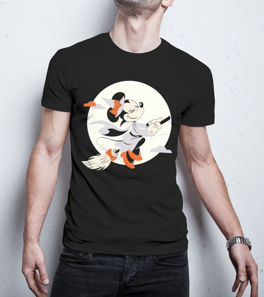 Minnie Mouse Witch Flying On Broomstick Halloween Full Moon T-Shirt