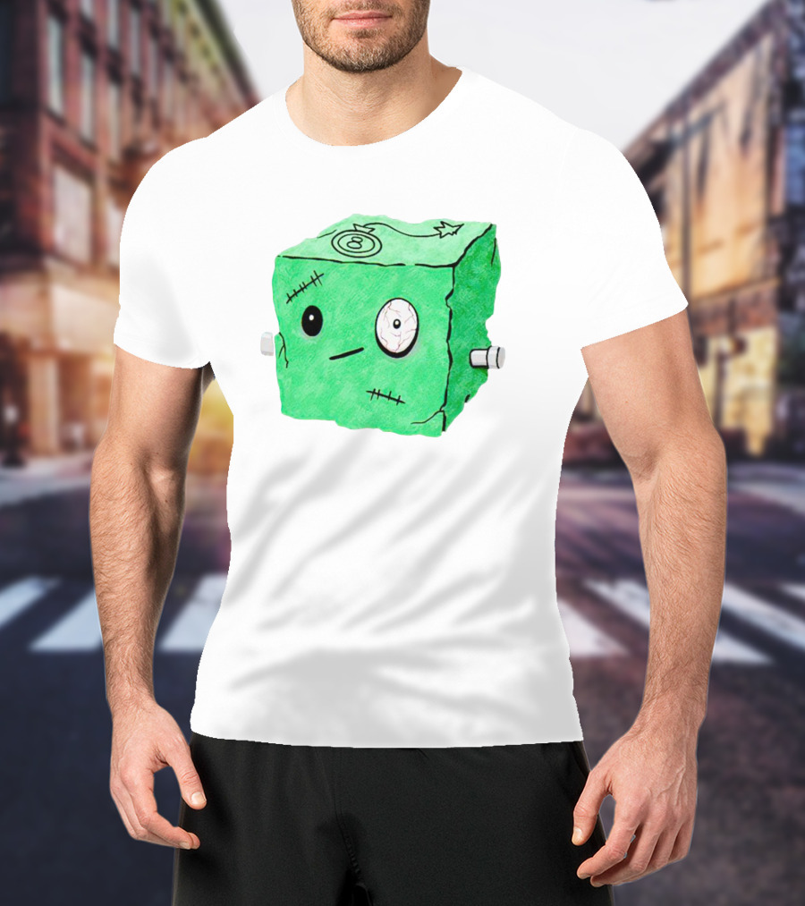 Franken Frankie Eight-Ball Cube Monster Stitched Green Block T-Shirt