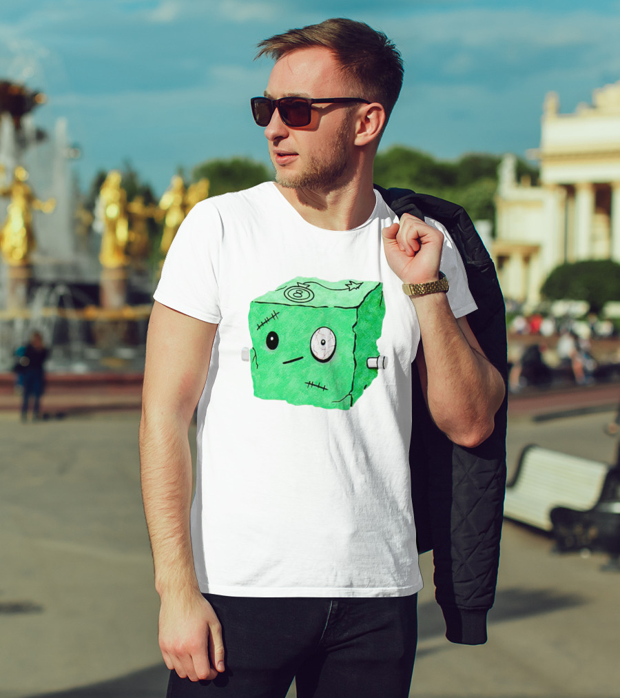Franken Frankie Eight-Ball Cube Monster Stitched Green Block T-Shirt
