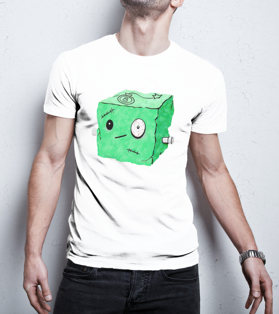 Franken Frankie Eight-Ball Cube Monster Stitched Green Block T-Shirt