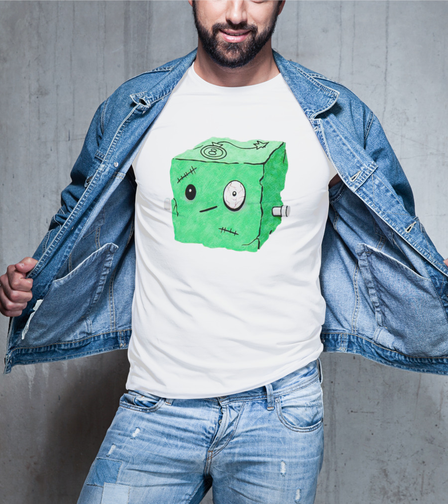 Franken Frankie Eight-Ball Cube Monster Stitched Green Block T-Shirt