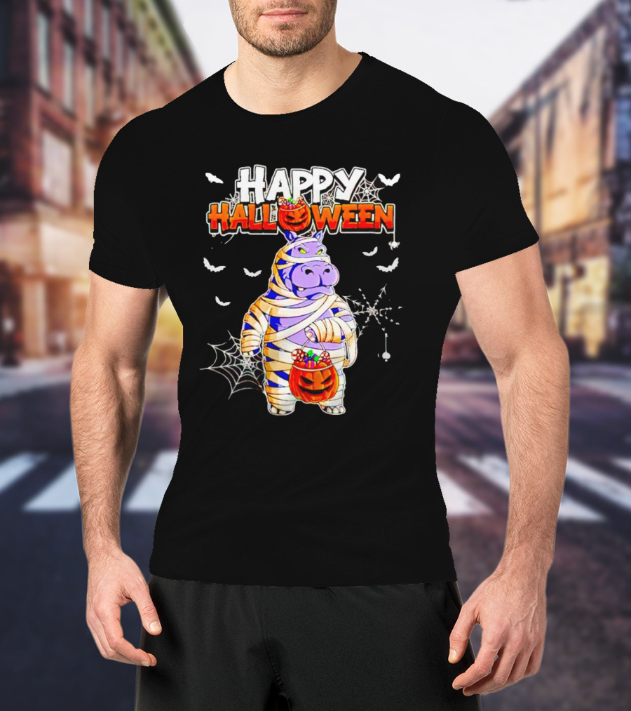 Hippopotamus Mummy With Pumpkin Candy Bucket Happy Halloween T-Shirt