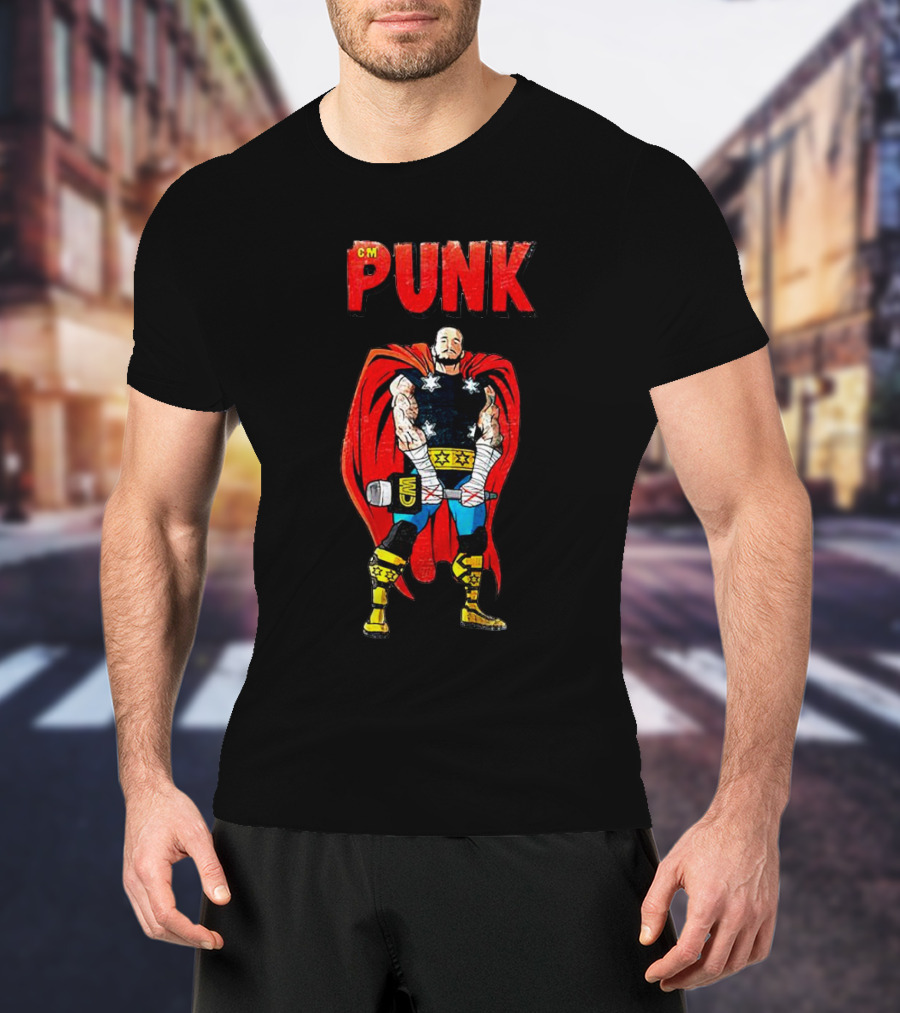 CM Punk Superhero Cape And Thunder Hammer Pose T-Shirt