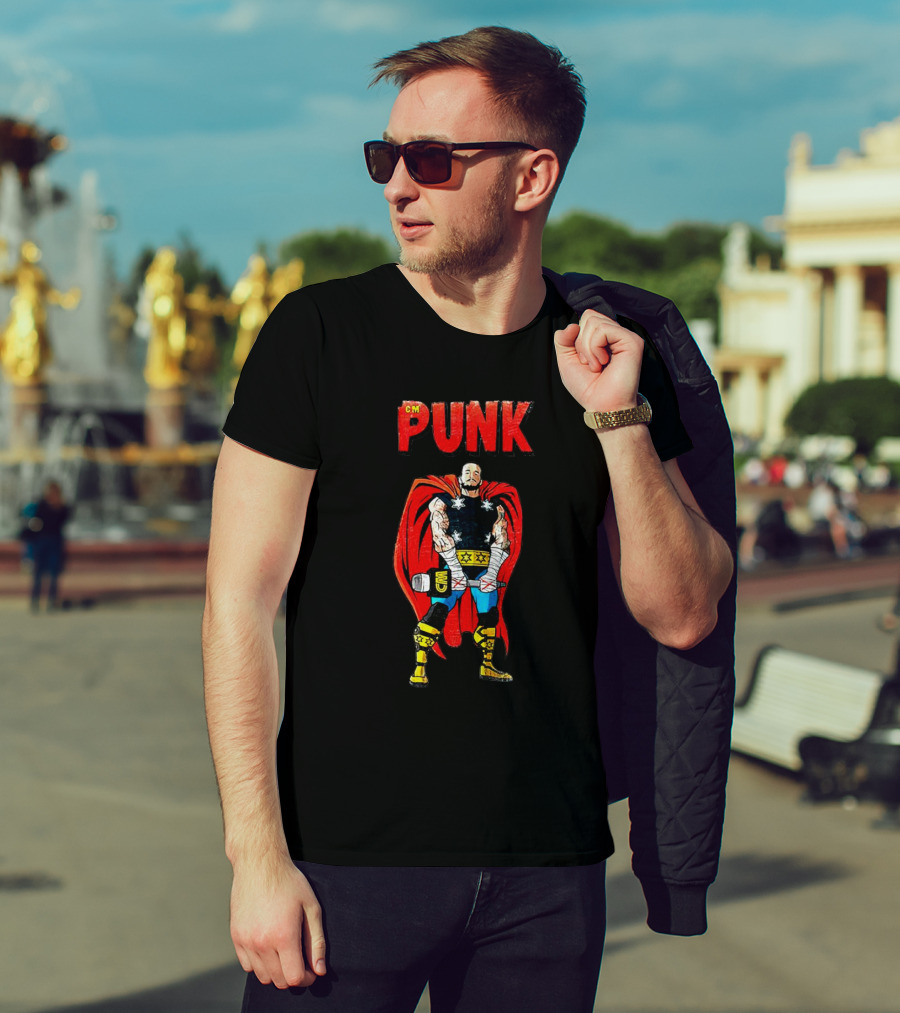 CM Punk Superhero Cape And Thunder Hammer Pose T-Shirt