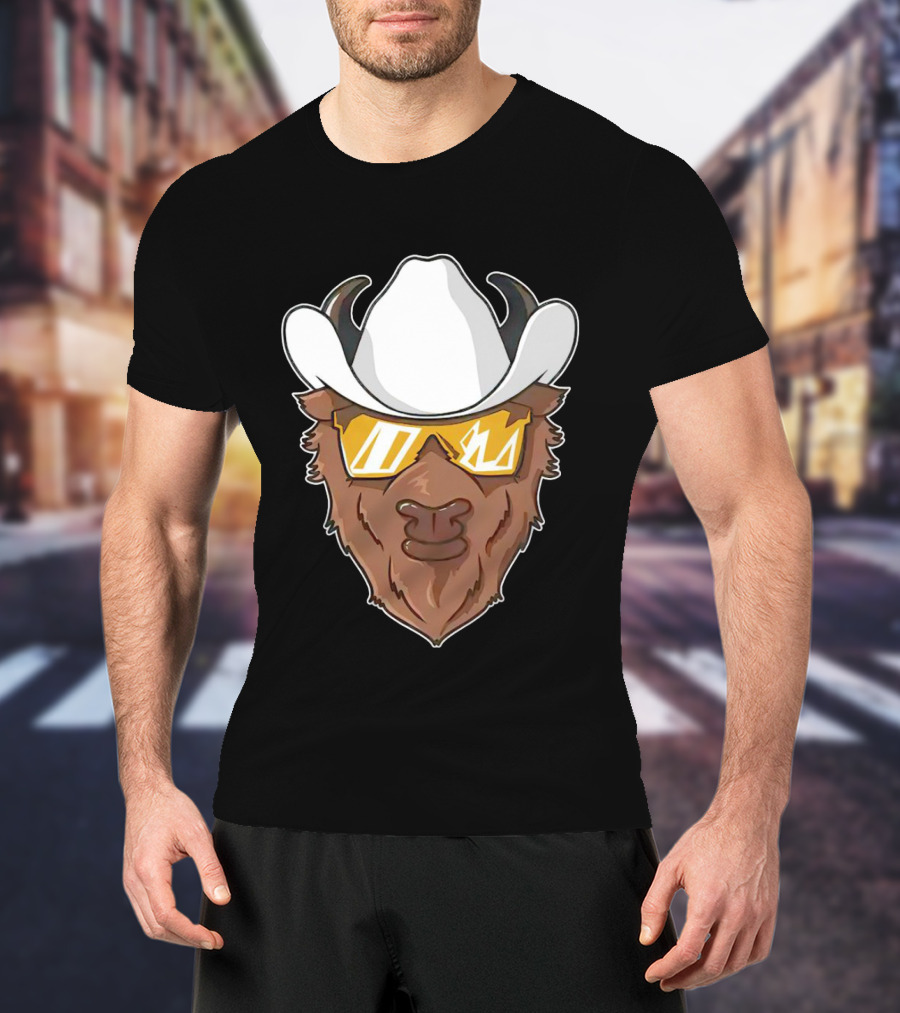 Cartoon Buffalo Wearing Cowboy Hats And Sunglasses T-Shirt