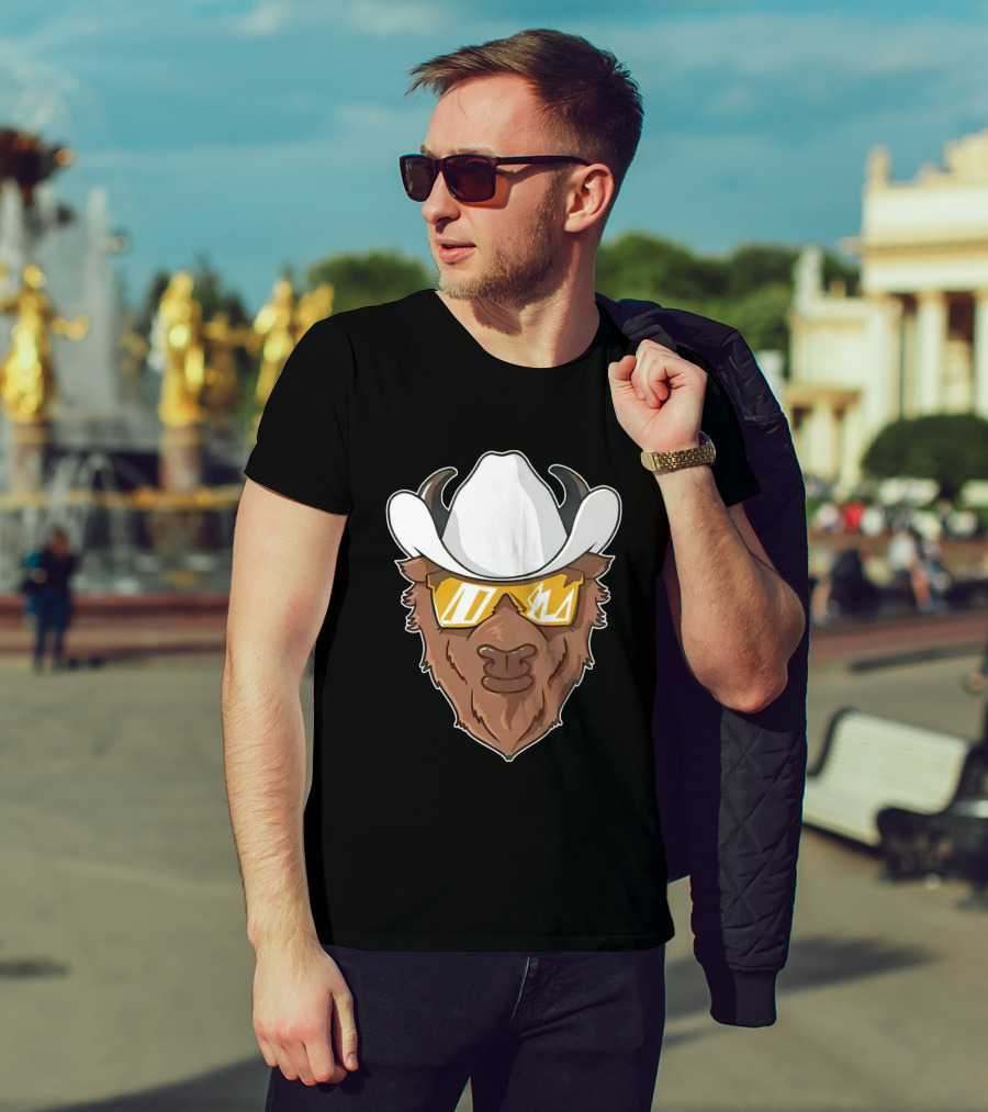 Cartoon Buffalo Wearing Cowboy Hats And Sunglasses T-Shirt