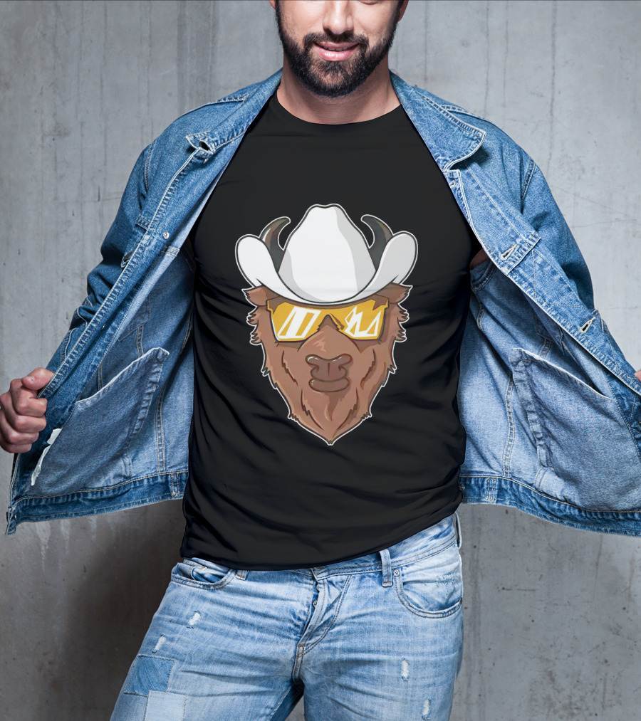 Cartoon Buffalo Wearing Cowboy Hats And Sunglasses T-Shirt
