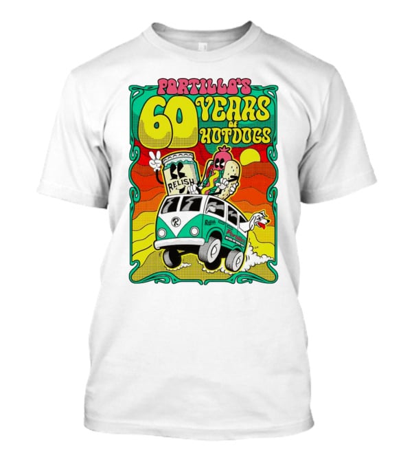 Portillo’s 60 Years Of Hotdogs Relish Relish Road Trip Cartoon Van Adventure T-Shirt