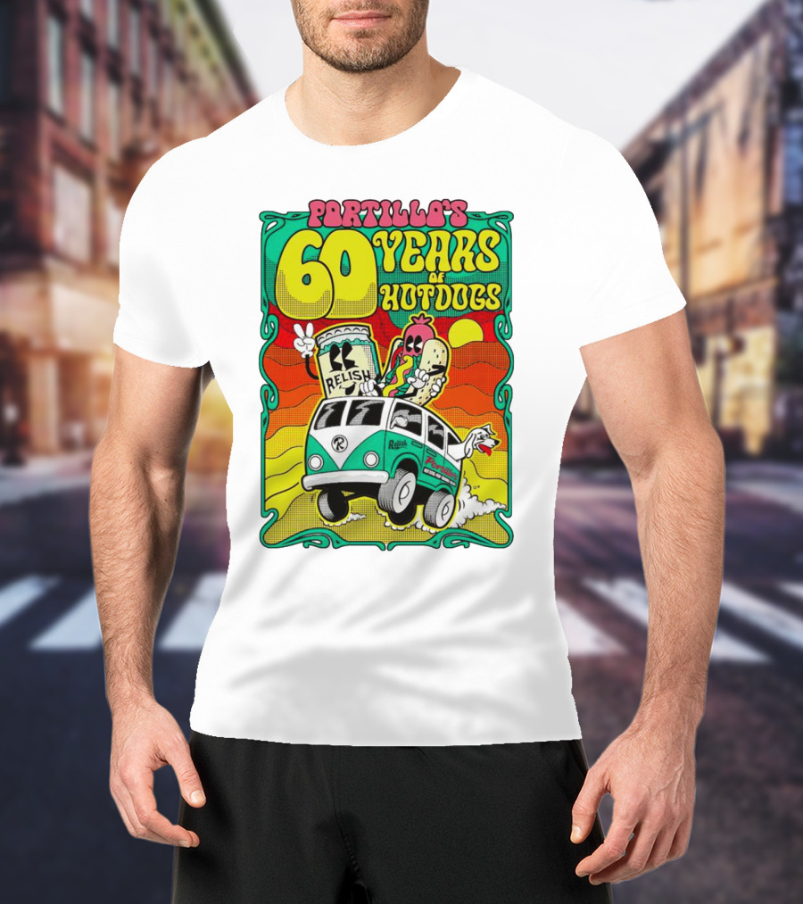 Portillo’s 60 Years Of Hotdogs Relish Relish Road Trip Cartoon Van Adventure T-Shirt