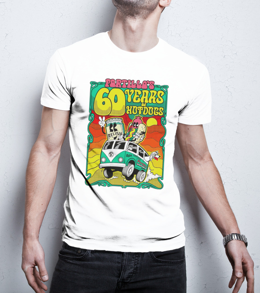 Portillo’s 60 Years Of Hotdogs Relish Relish Road Trip Cartoon Van Adventure T-Shirt