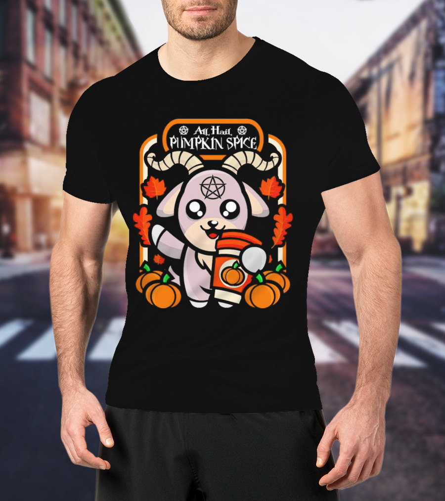 All Hail Pumpkin Spice Halloween Goat With Coffee, Pumpkins, And Pentagram T-Shirt