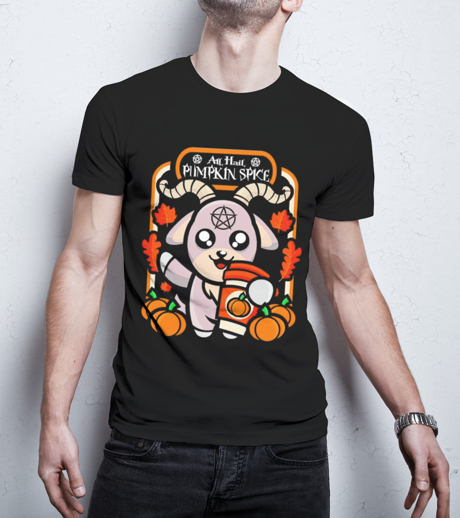 All Hail Pumpkin Spice Halloween Goat With Coffee, Pumpkins, And Pentagram T-Shirt