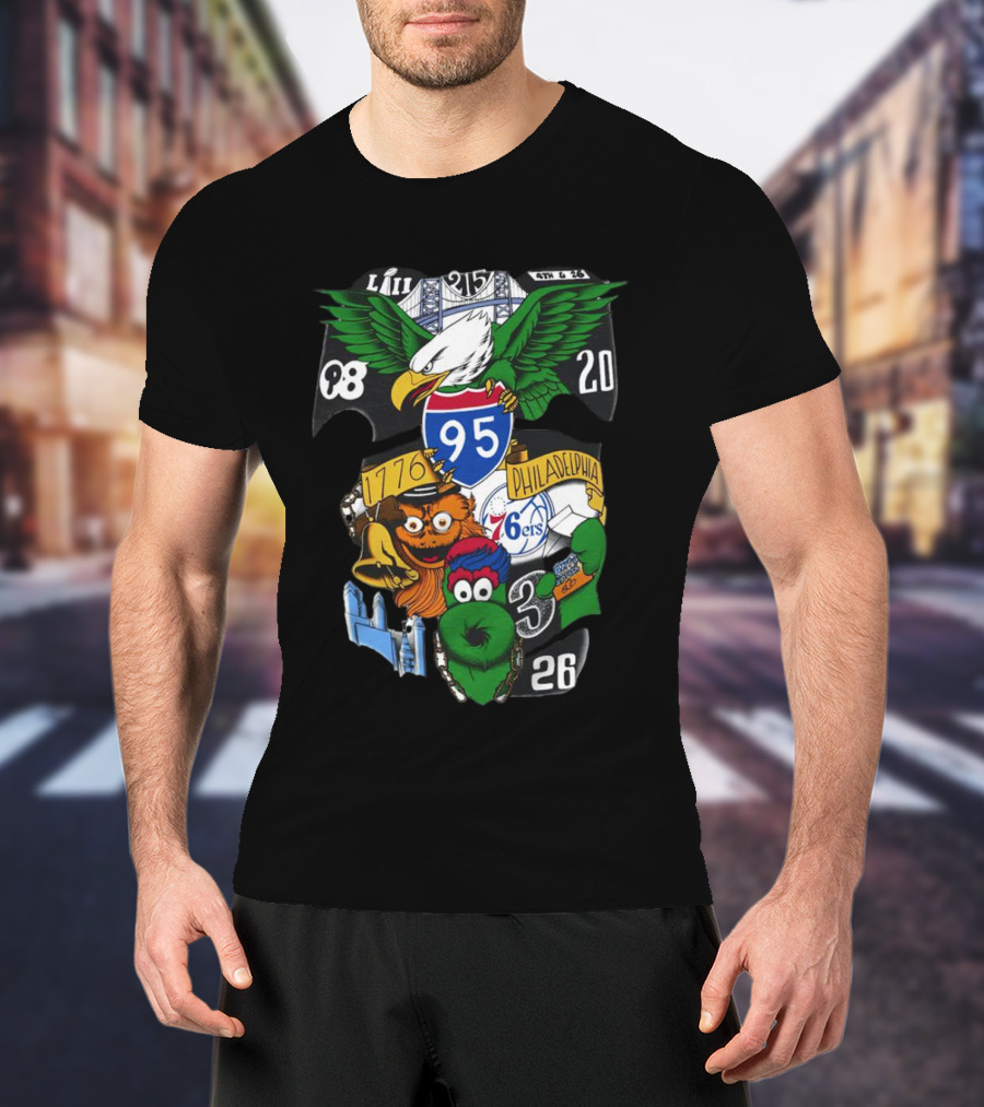 Philadelphia 76ers Eagles 76ers Mascots 1776 I-95 LIII 93 20 3 26 T-Shirt