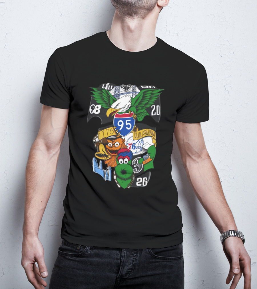 Philadelphia 76ers Eagles 76ers Mascots 1776 I-95 LIII 93 20 3 26 T-Shirt