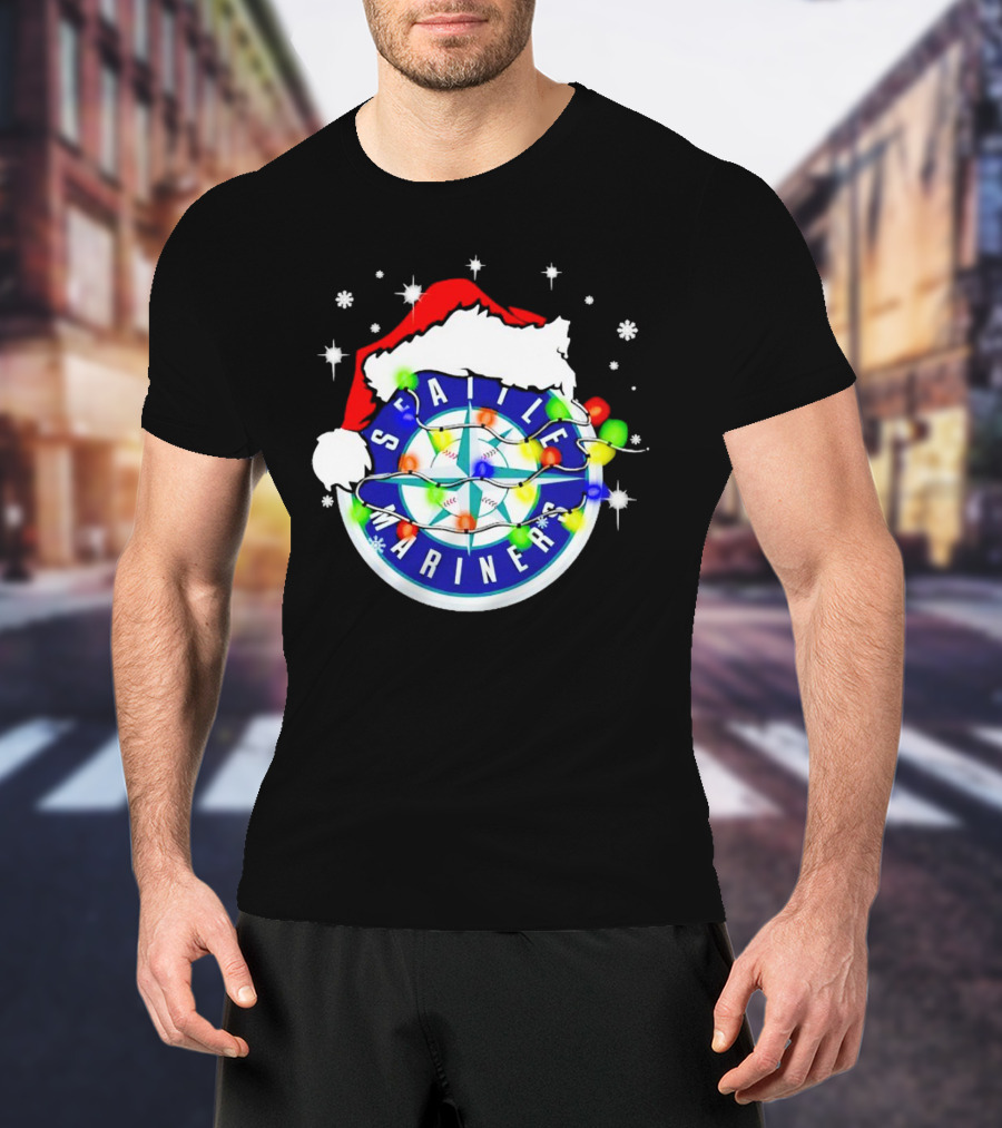 Santa Hat Seattle Mariners Christmas Lights Snowflakes T-Shirt