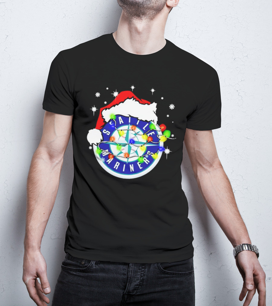 Santa Hat Seattle Mariners Christmas Lights Snowflakes T-Shirt