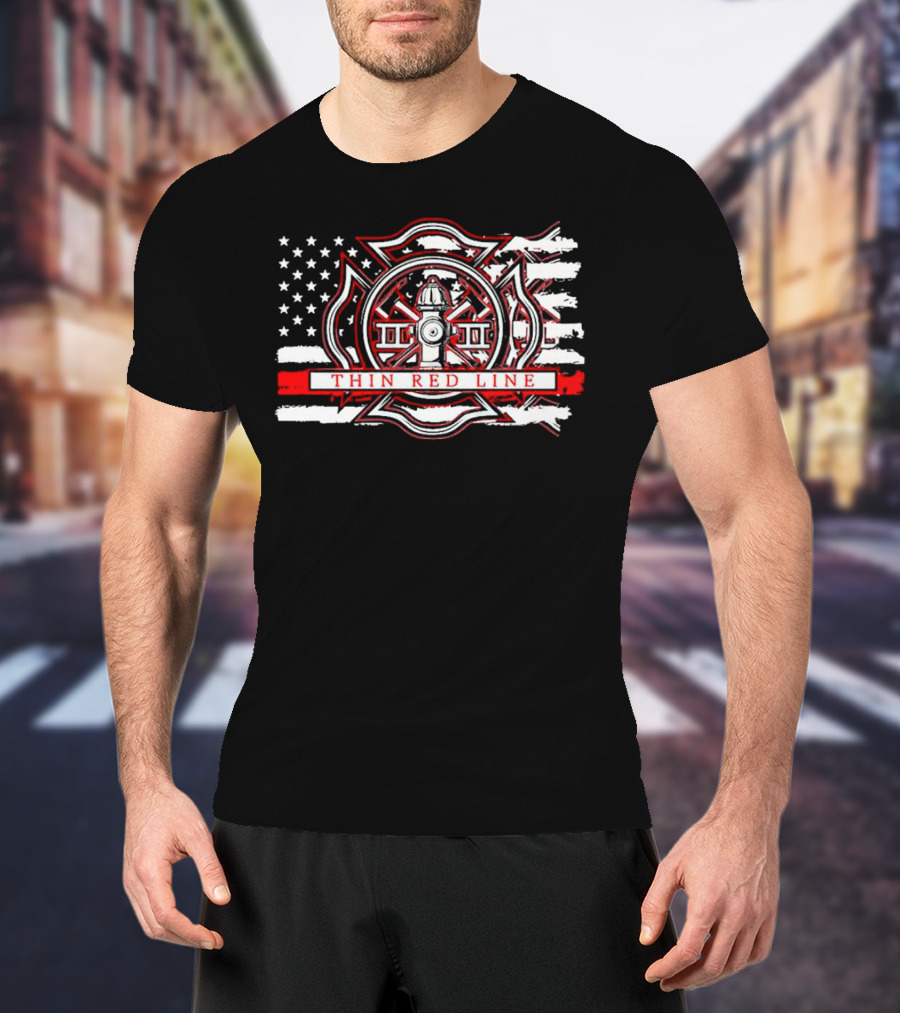 Thin Red Line USA Flag Firefighter Maltese Cross Hydrant T-Shirt