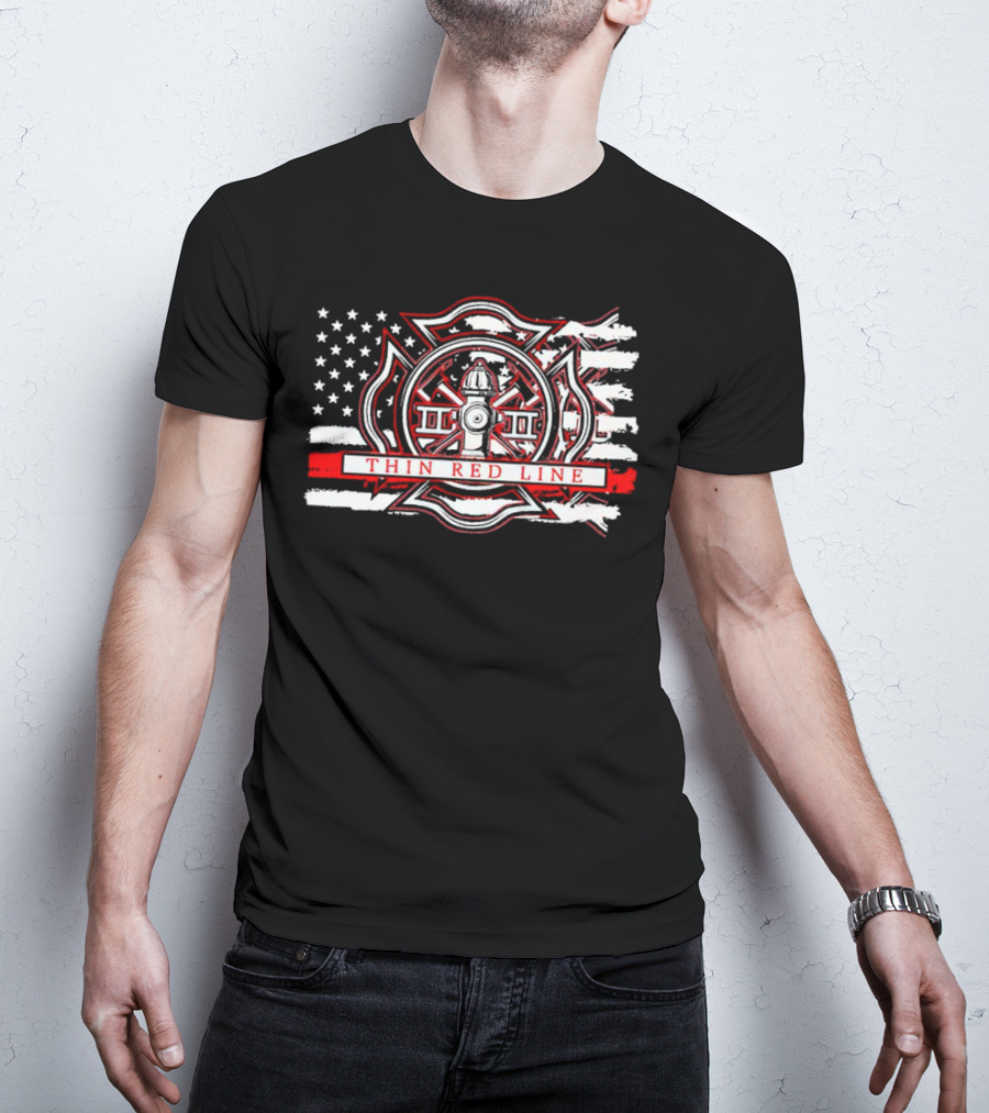 Thin Red Line USA Flag Firefighter Maltese Cross Hydrant T-Shirt