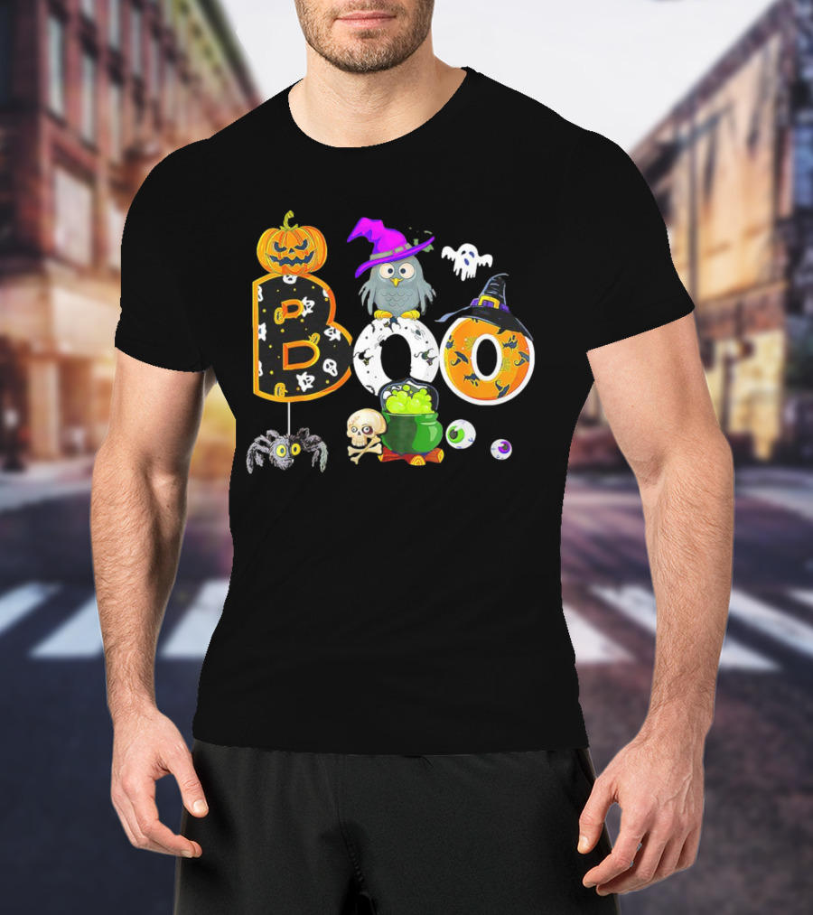 Boo Pumpkin Ghost Skull Owl Spider Witch Hat Cauldron Halloween T-Shirt
