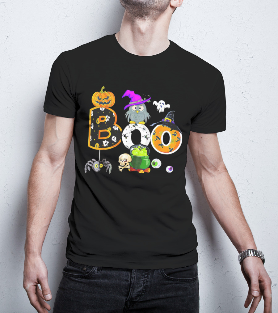 Boo Pumpkin Ghost Skull Owl Spider Witch Hat Cauldron Halloween T-Shirt