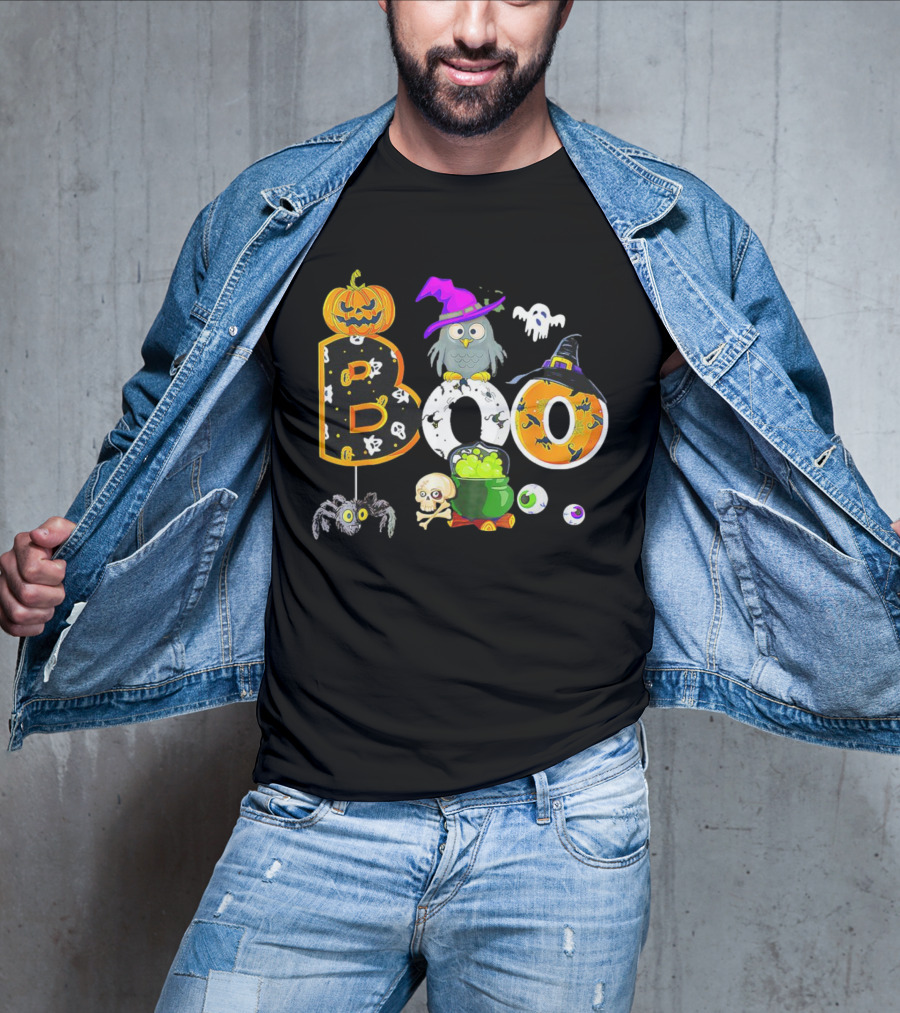 Boo Pumpkin Ghost Skull Owl Spider Witch Hat Cauldron Halloween T-Shirt